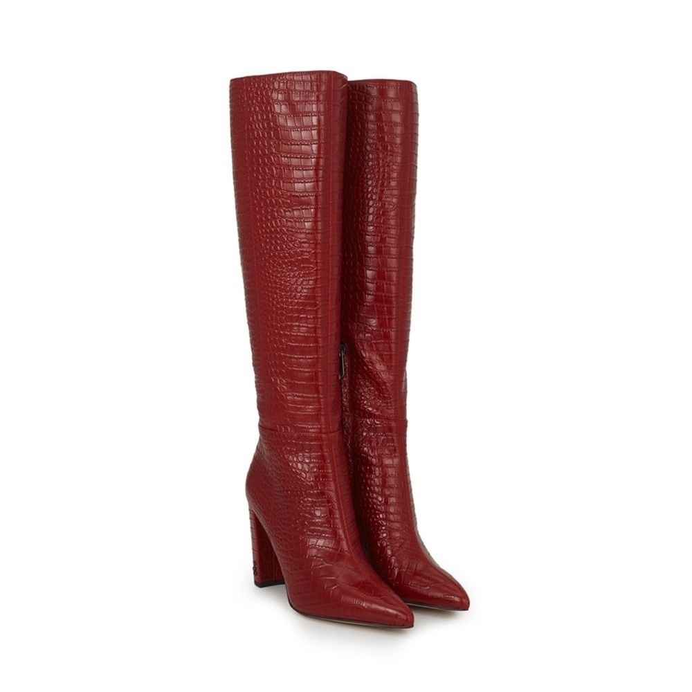 Sam Edelman Raakel Croc-embossed Spiced Red Leather Block Heel Tall Boot 9.5